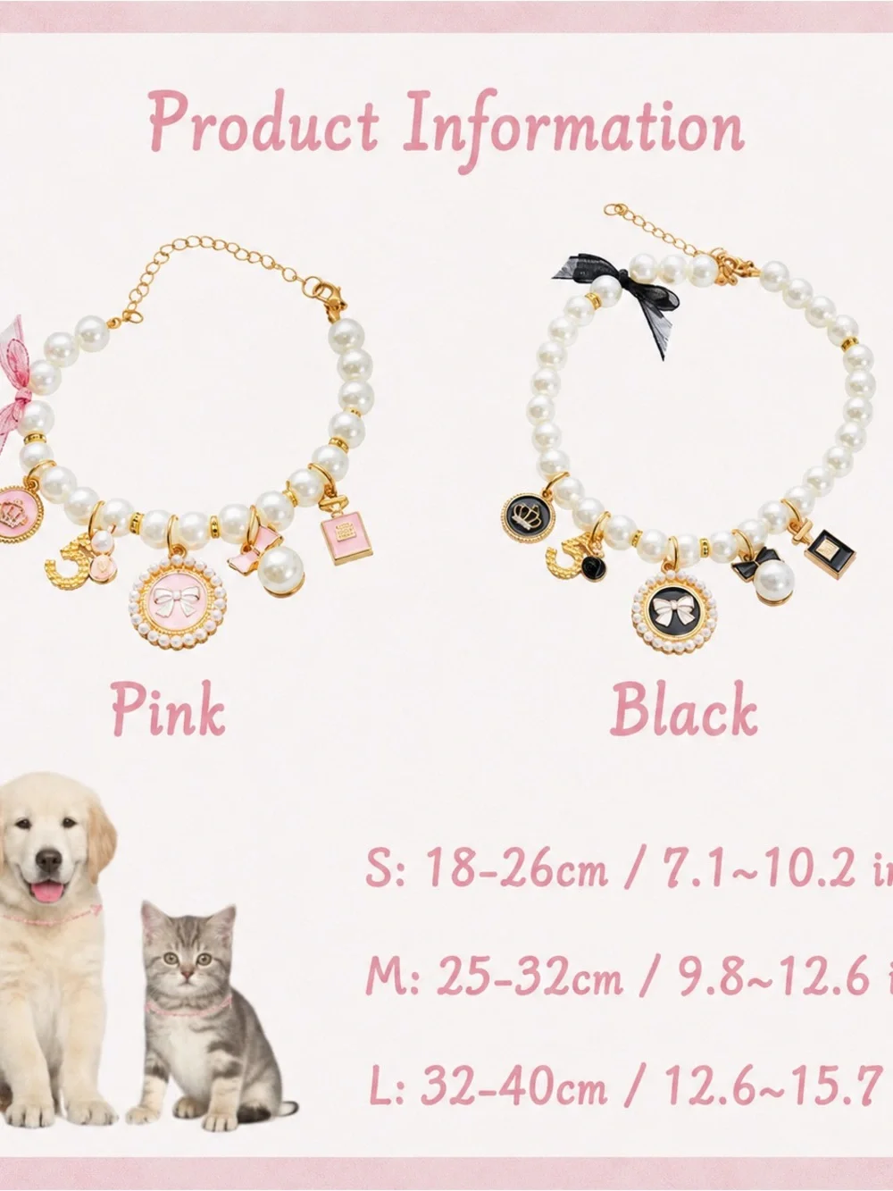 Cute Pearl Dog Cat Collar Necklace Pink and Gold Charms Pet Jewelry Adjustable